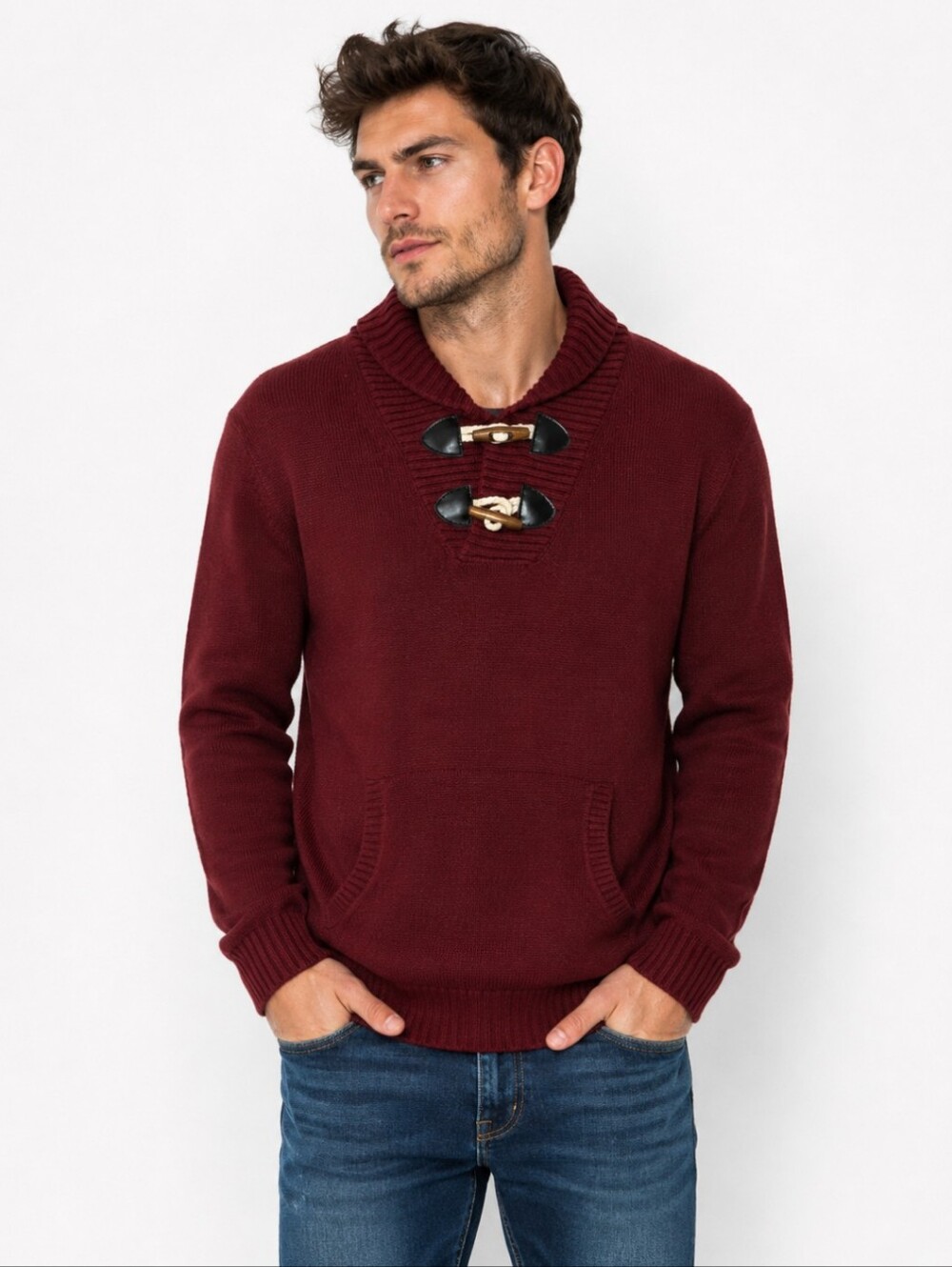 New COOGI Men's Maroon Burgundy Preppy V-Neck Toggle Sweater Pullover NWT Sz S